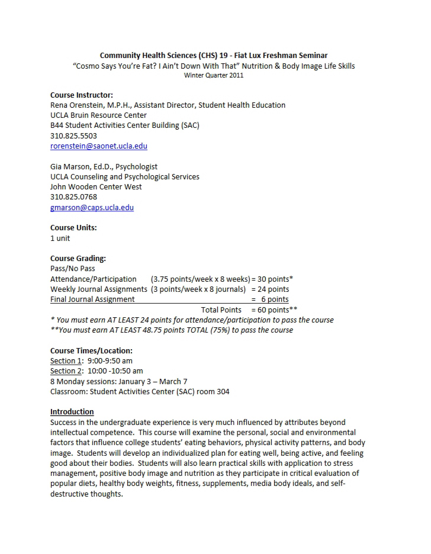 Winter 2011 Syllabus for CHS 19