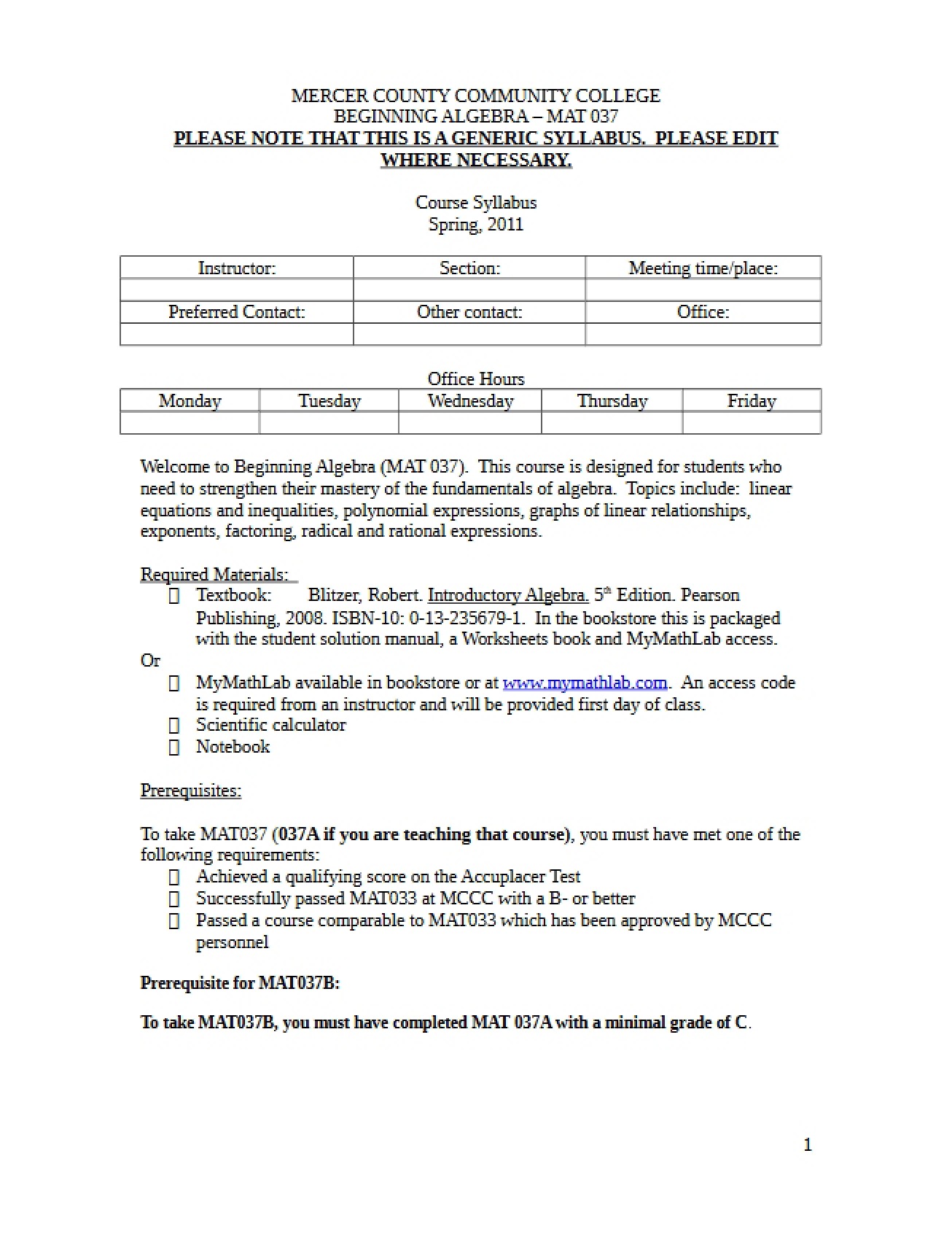 Syllabus for Beginning Algebra