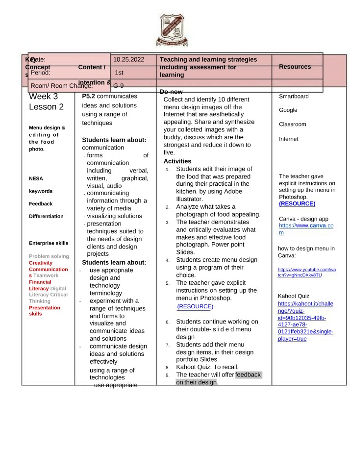 Food Truck Menu Design Lesson Plan