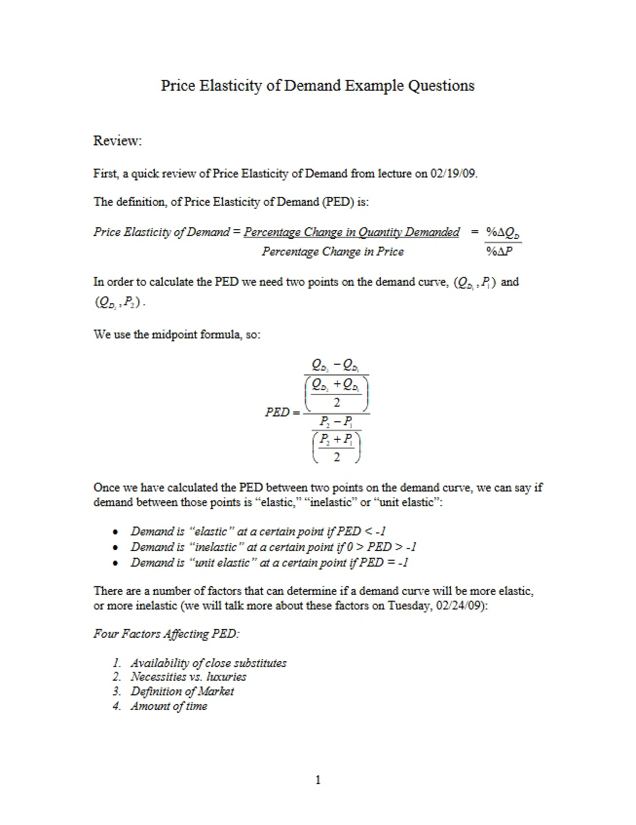 Example Questions on Demand Price Elasticity