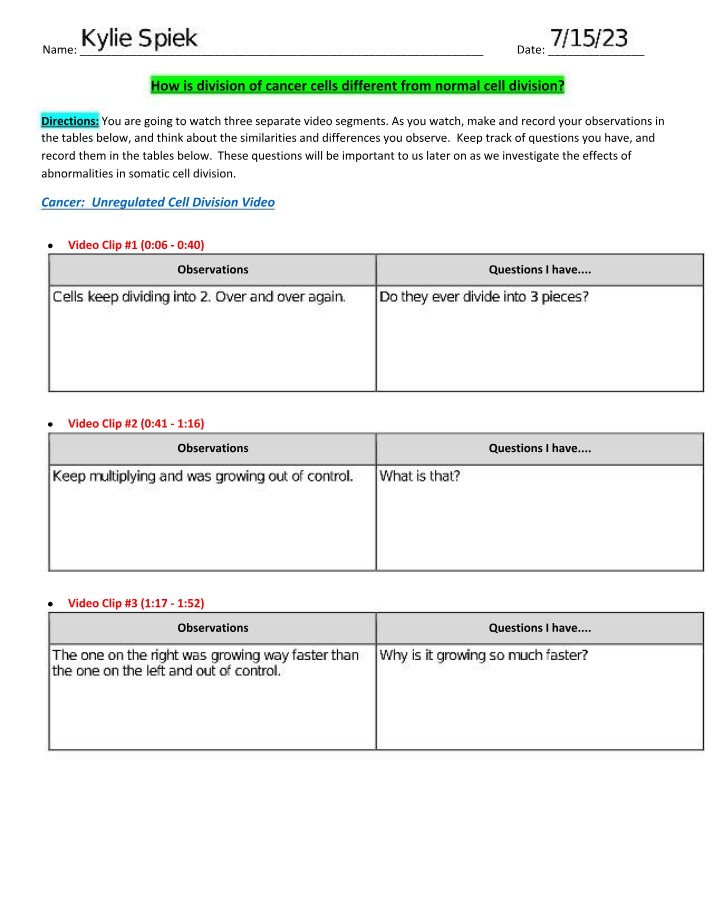 Worksheet on Differences in Normal vs. Cancer Cell Division
