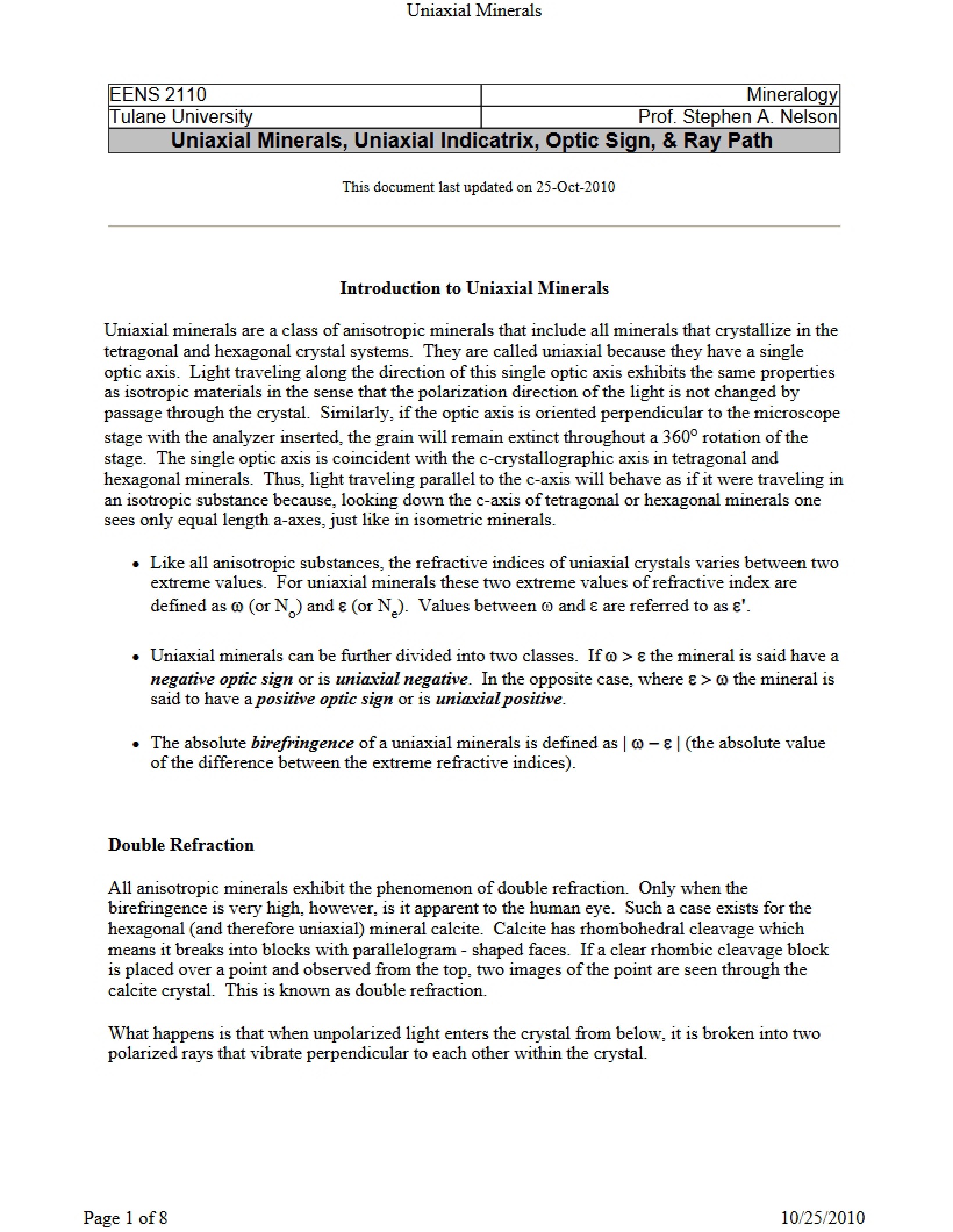 Ray Path, Optic Sign, Indicatrix, and Uniaxial Minerals