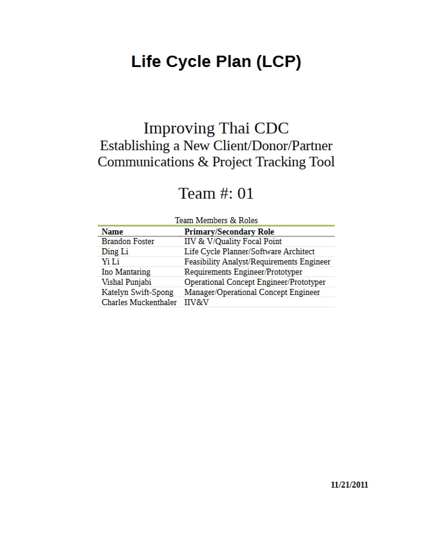 Test Readiness Review Life Cycle Plan (Team 01 v4.0)