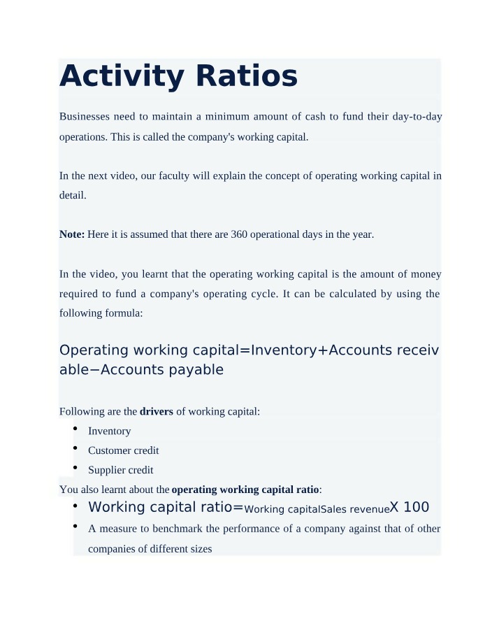 Working Capital and Activity Ratios