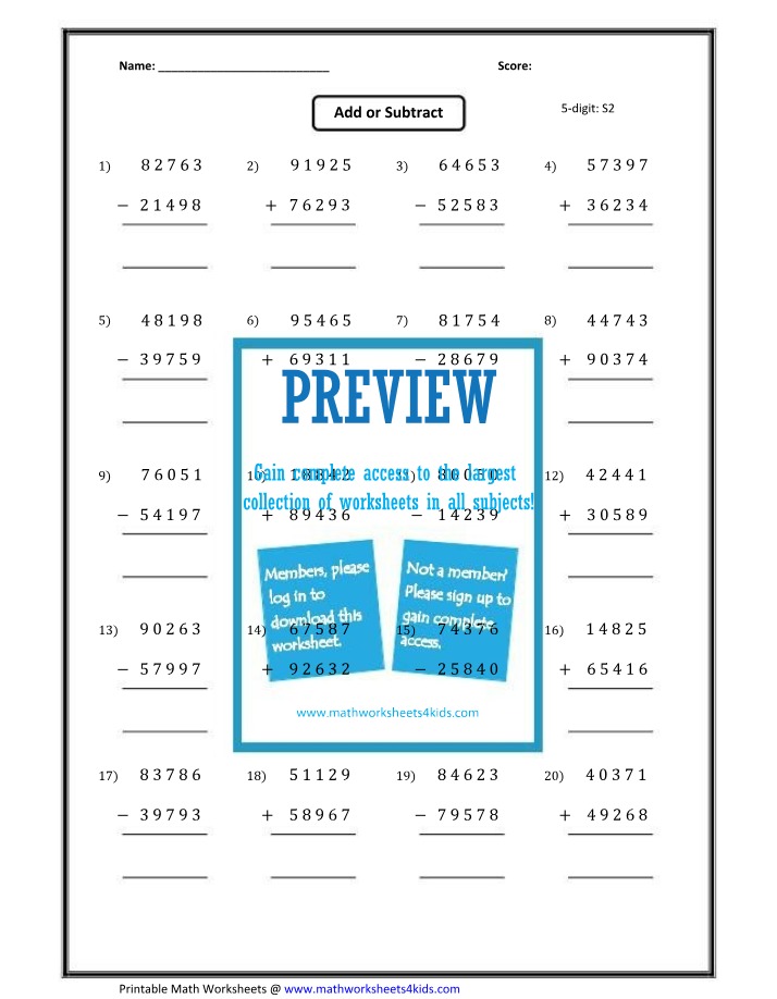 5-Digit Addition and Subtraction Worksheet Key