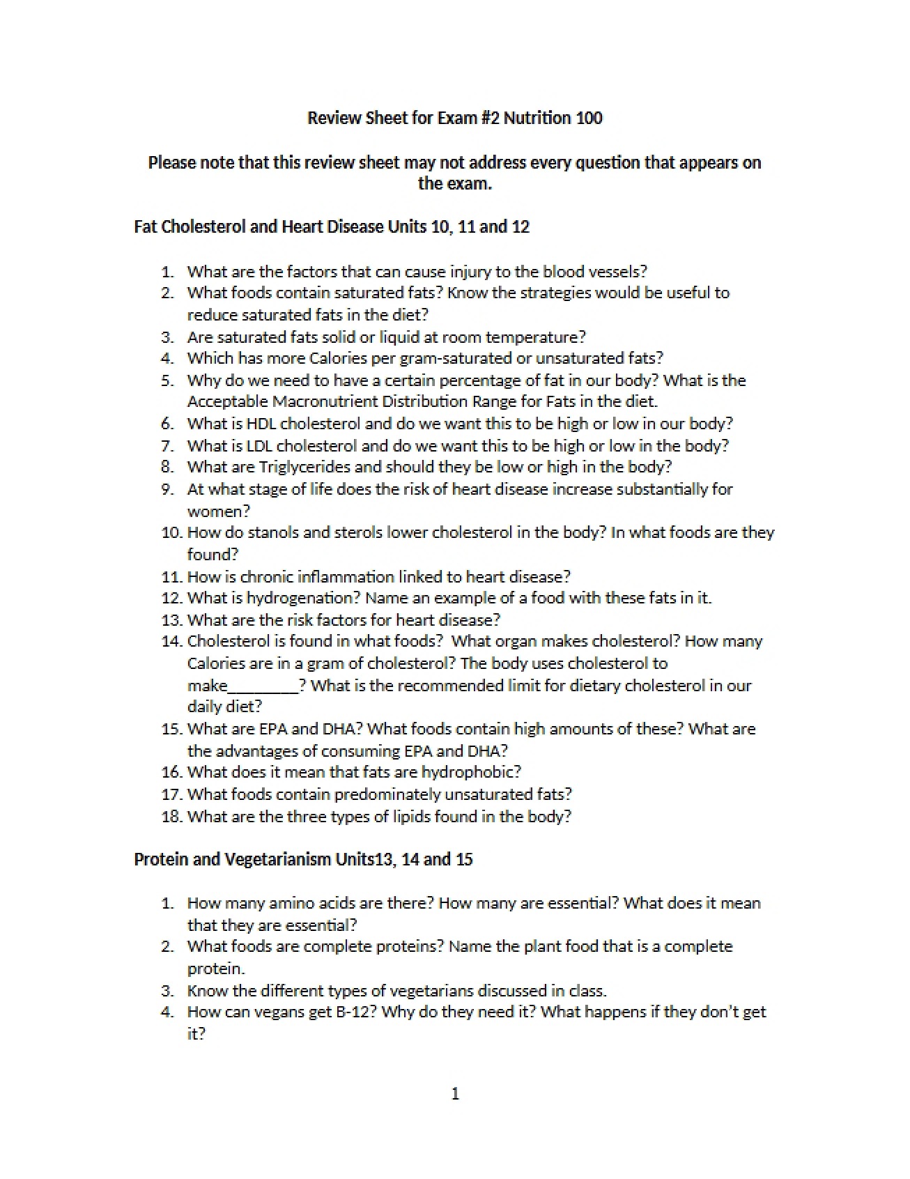 Exam 2 Review Sheet Nutrition
