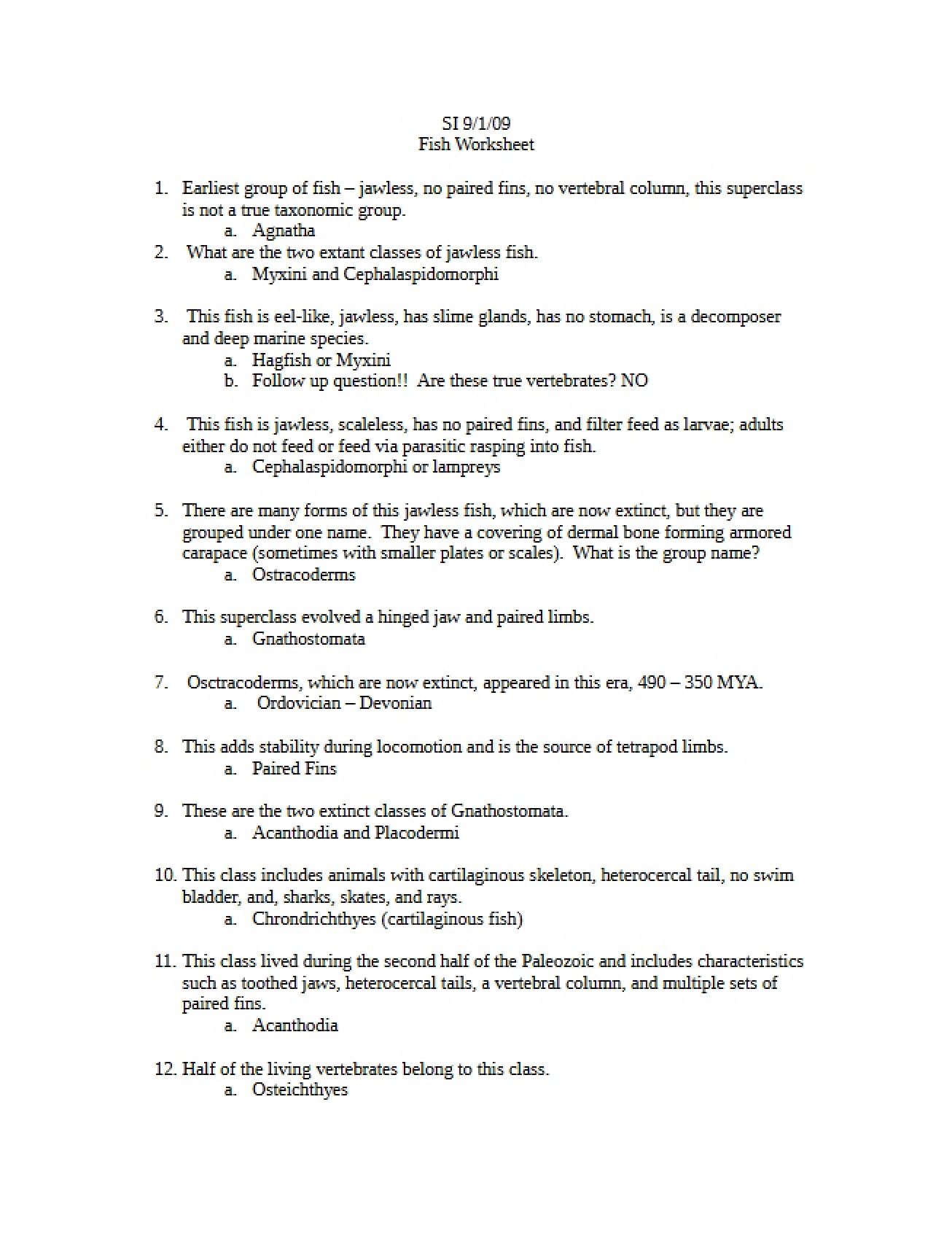 Set of Practice Problems for Vertebrate Biology