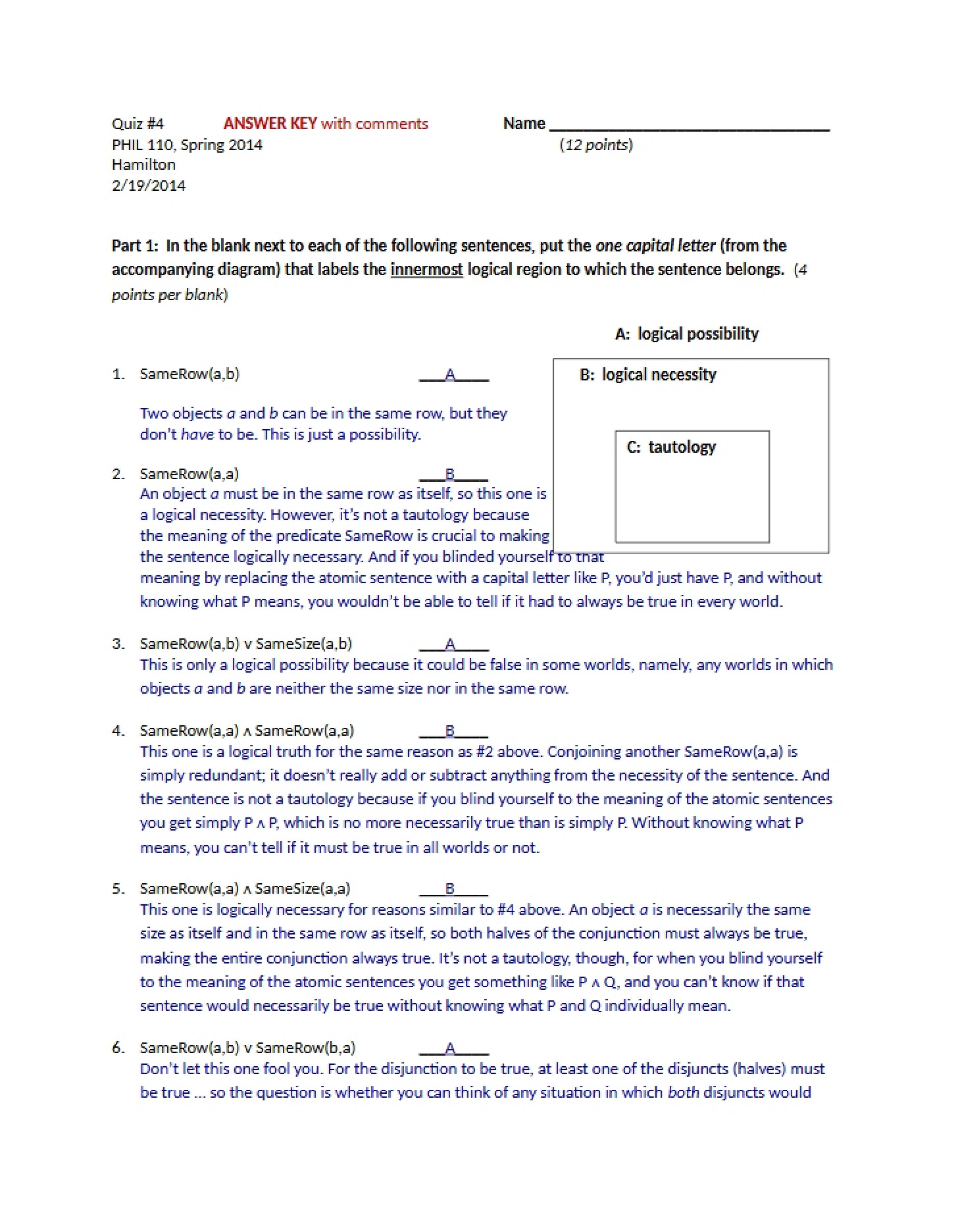 Answer Key for Quiz Four (Annotated)