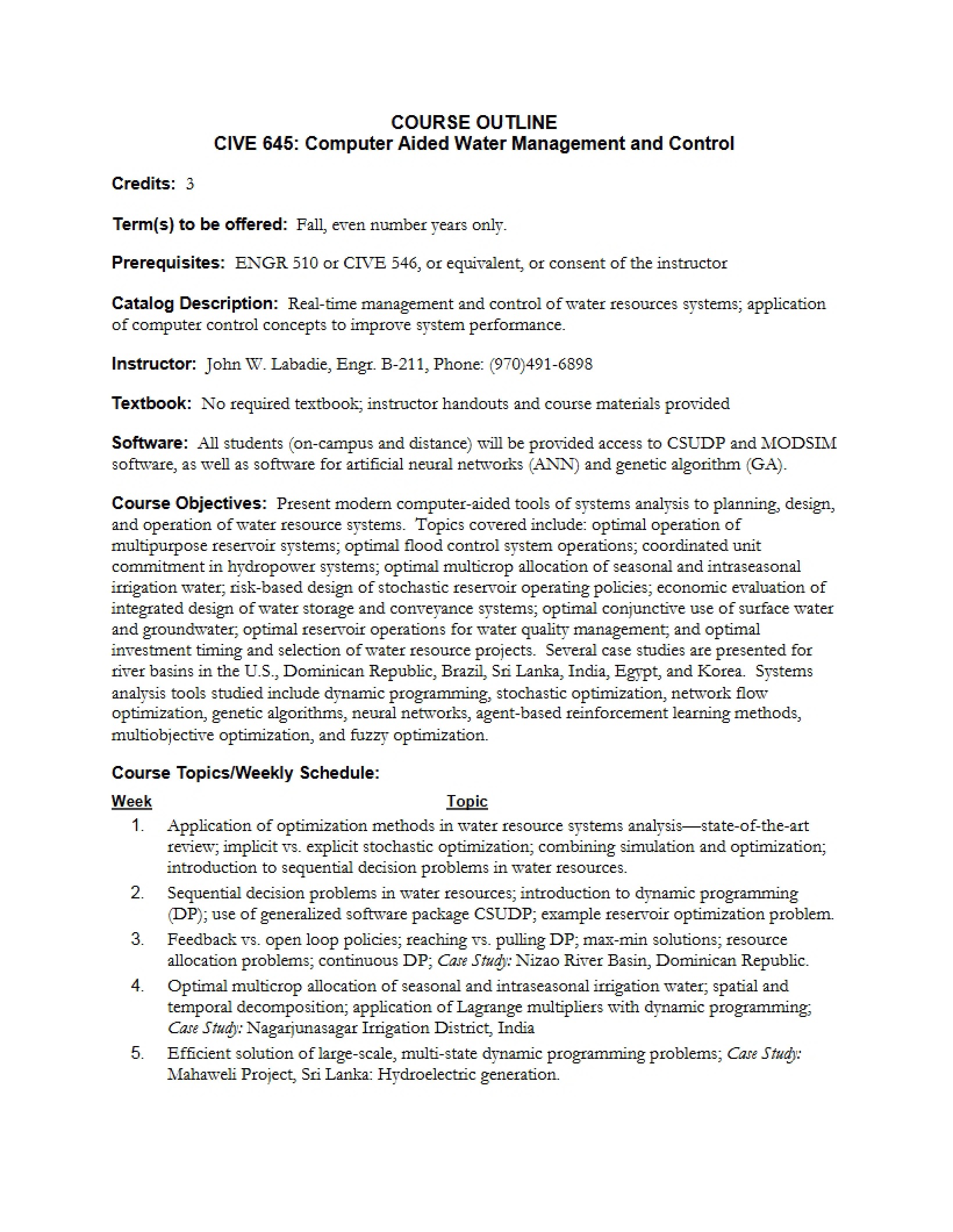 Computer-Aided Water Management Syllabus