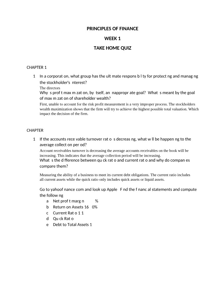 Principles of Finance Quiz - Maximizing Shareholder Wealth