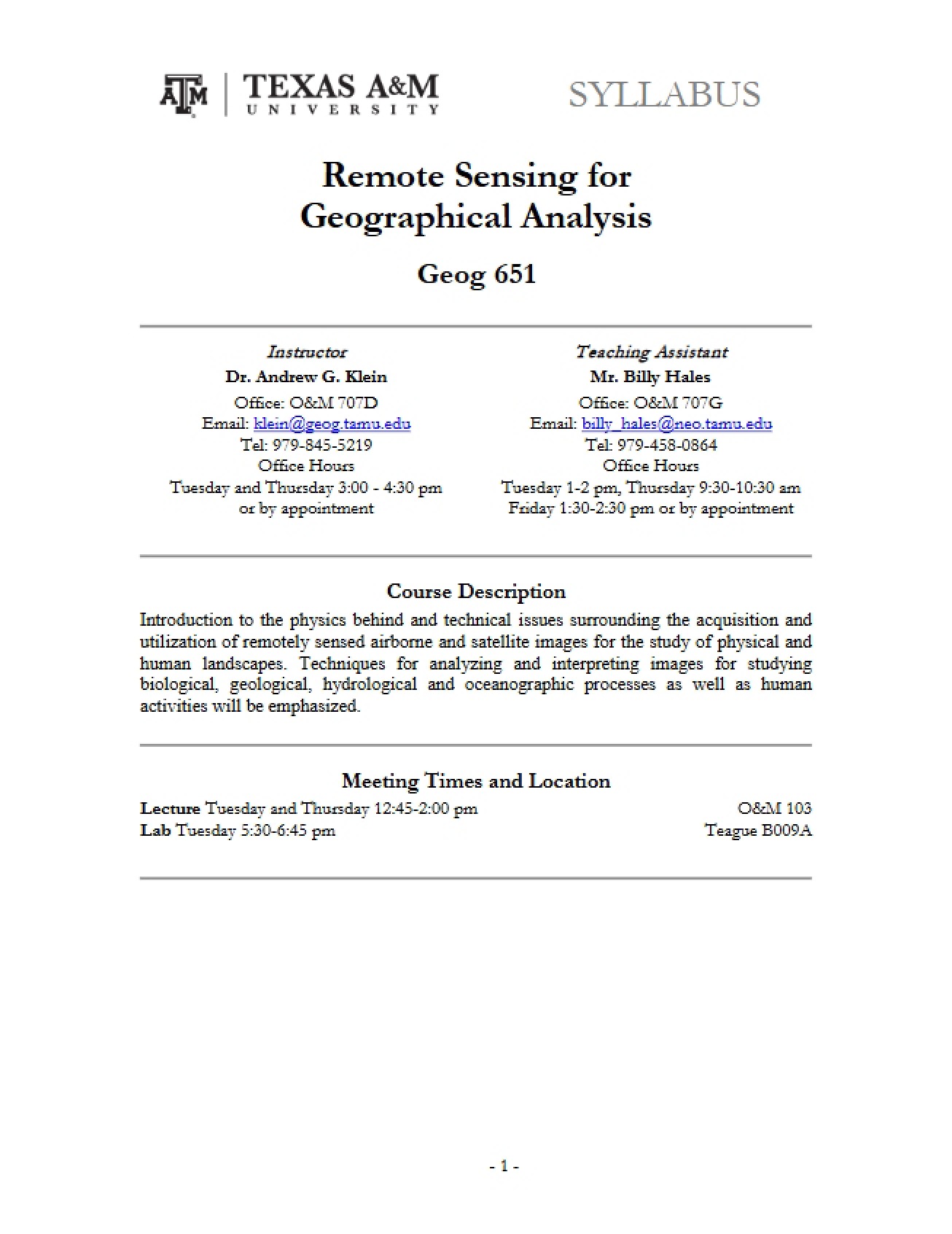 Final Syllabus for Remote Sensing of Geographic Analysis from 2011