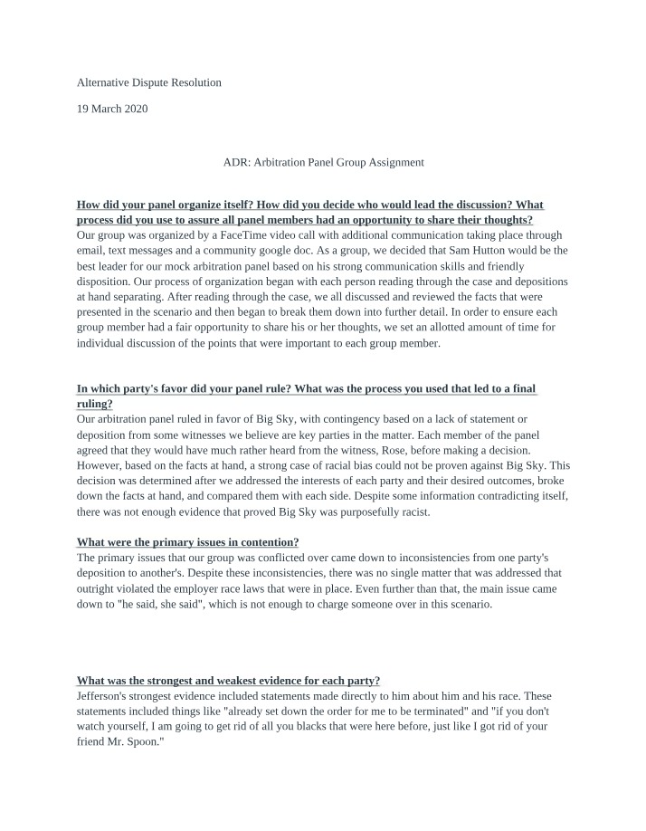 Group Assignment - Arbitration Panel