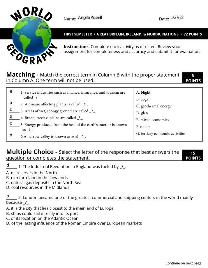 Exam on Service Industries and Energy Sources in Great Britain, Ireland, and Nordic Nations
