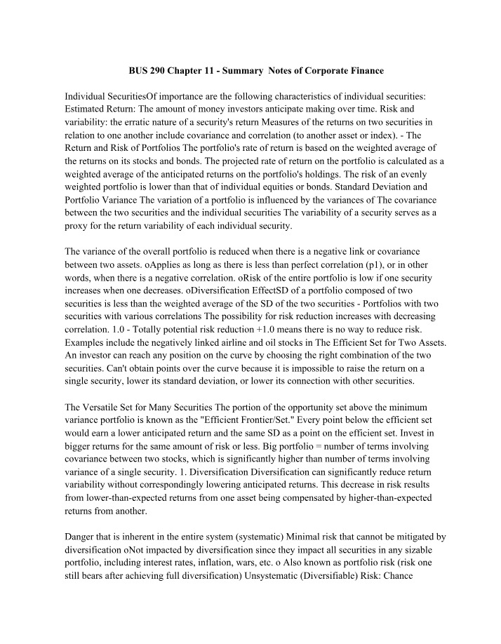 BUS 290 Chapter 11 Summary Notes for Corporate Finance