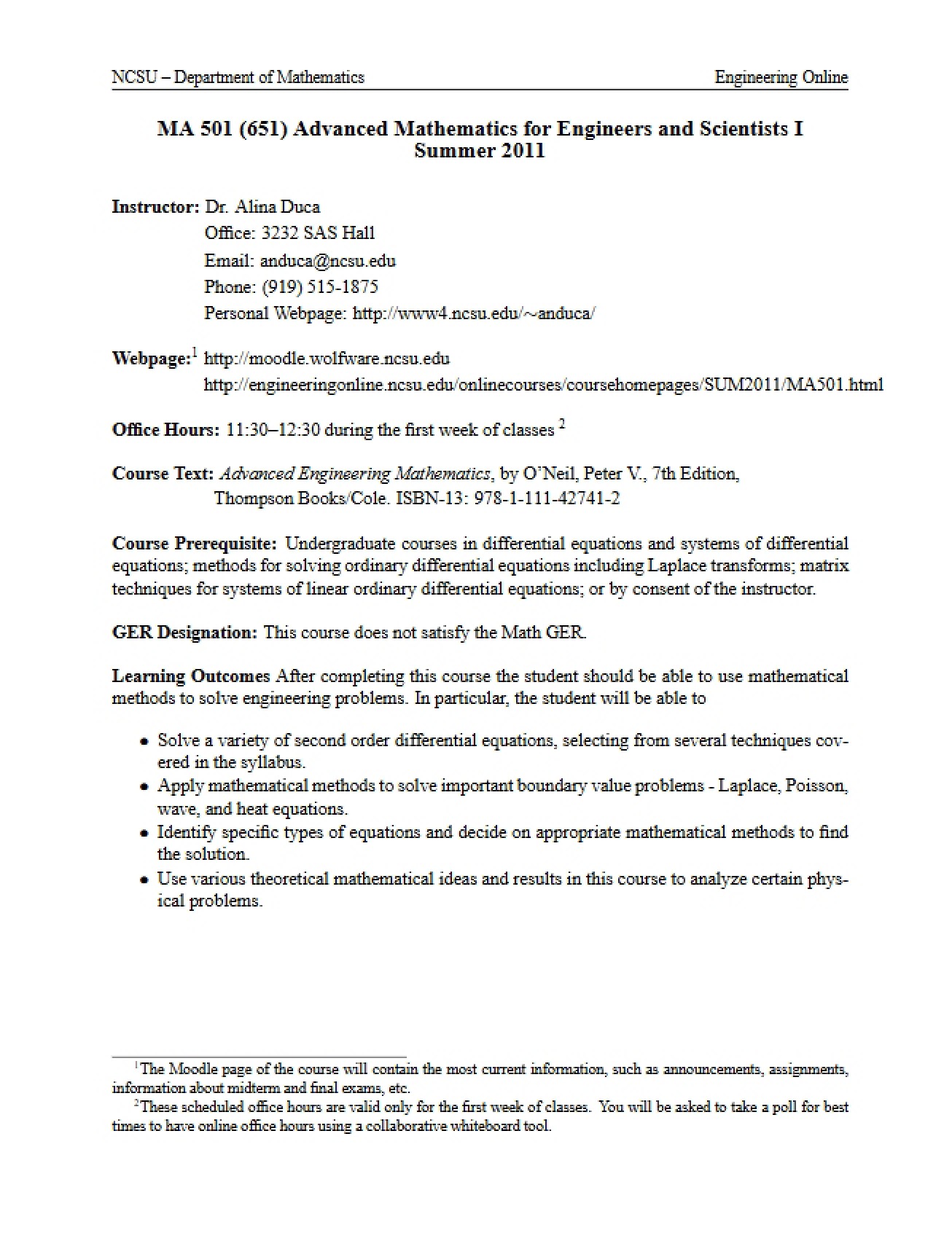Advanced Math for Engineers Syllabus