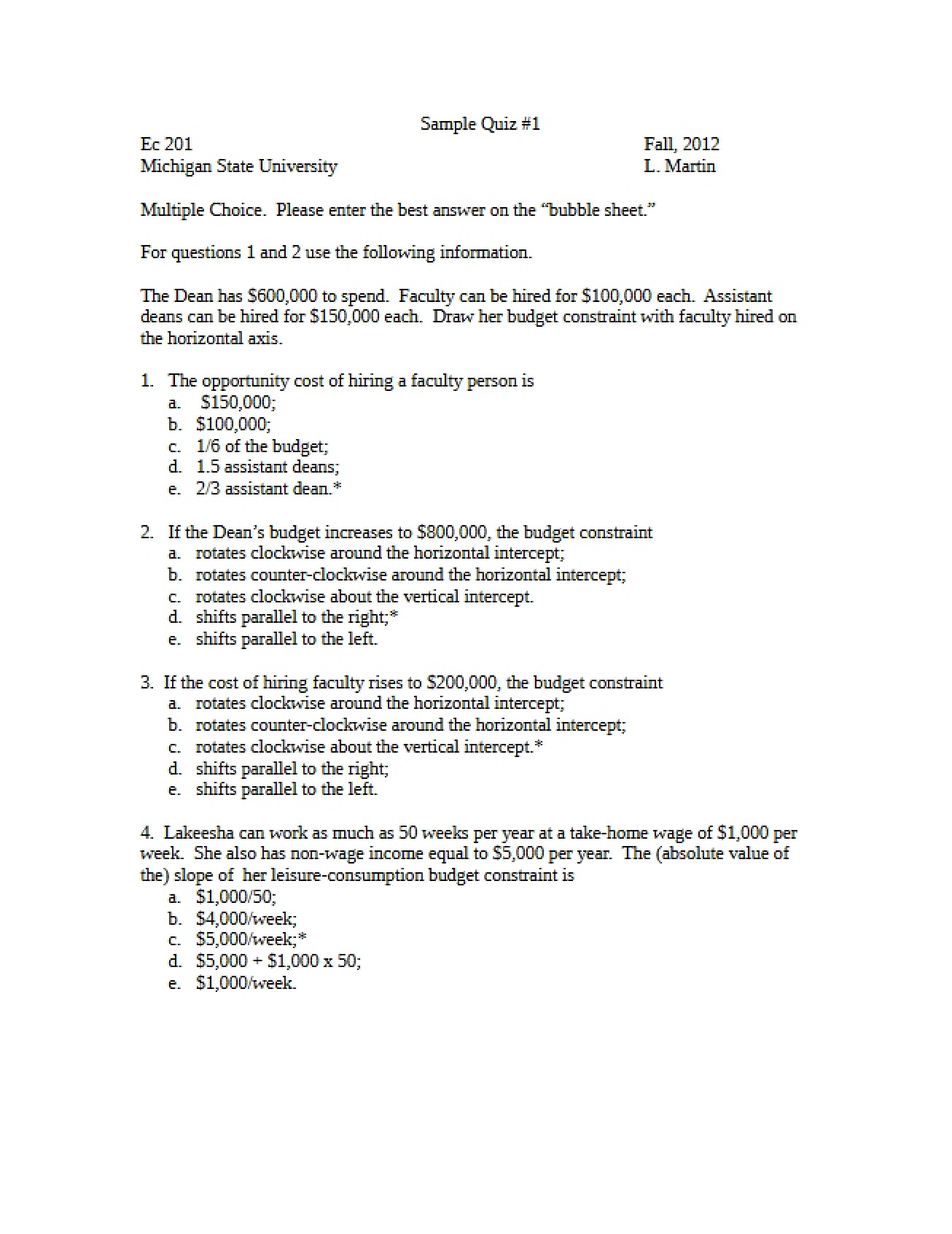 Sample Quiz One
