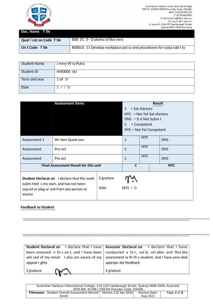 BSBSUS511 Student Assessment Record