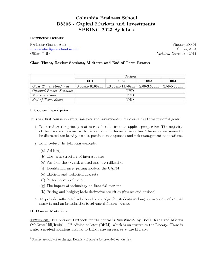 Capital Markets and Investments Syllabus