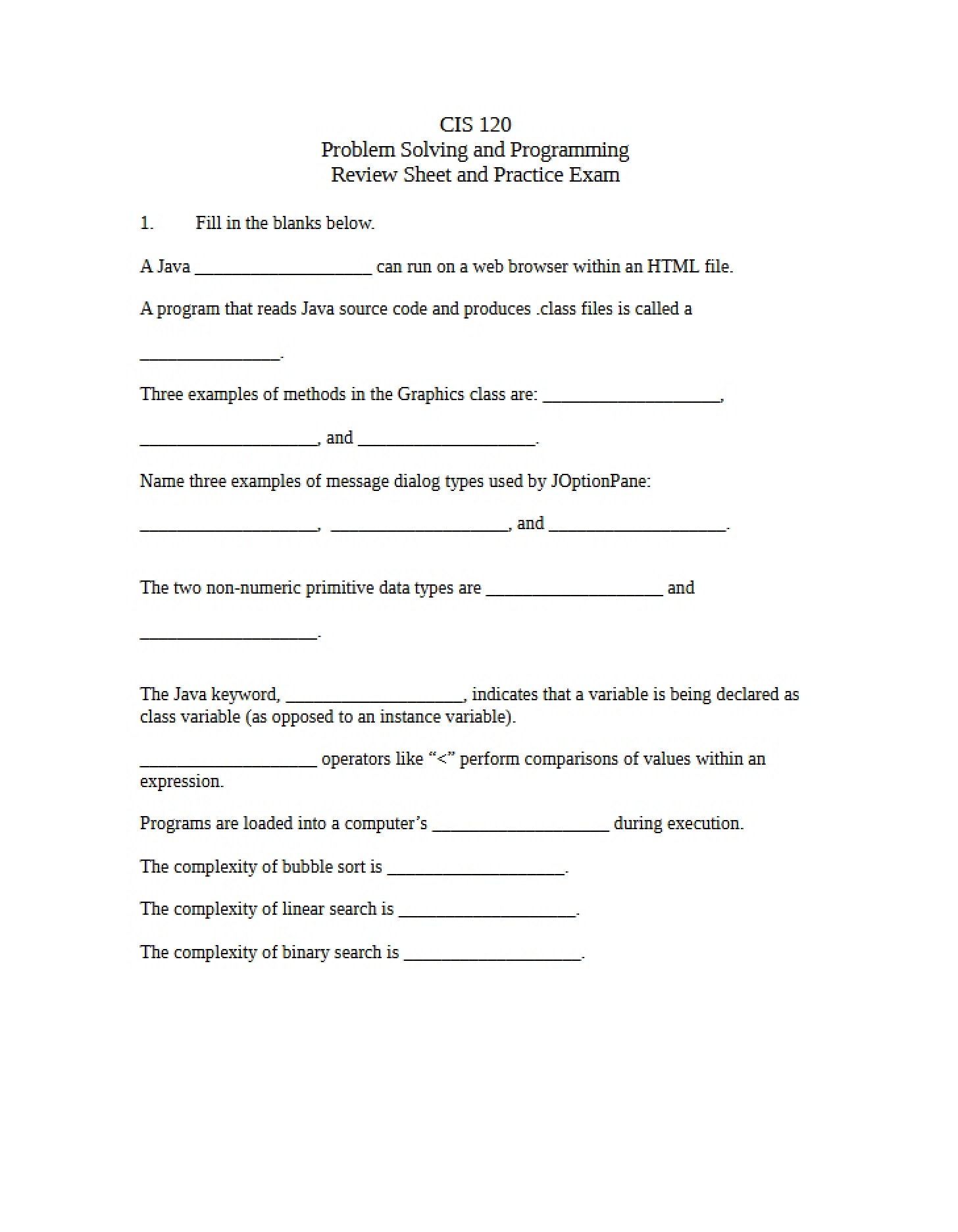 Practice Exam and Review Sheet for Problem Solving and Programming
