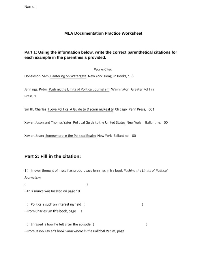 Worksheet for MLA Documentation Practice