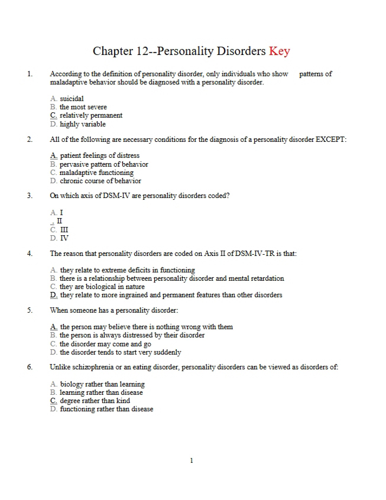 Personality Disorders A Chapter 12 Analysis