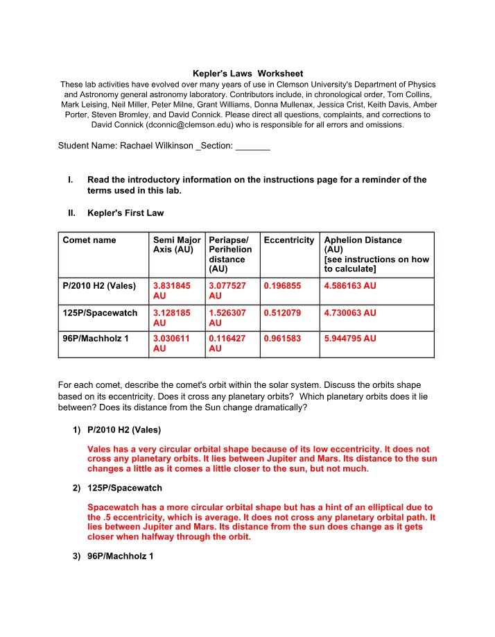 Worksheet for Kepler's Laws