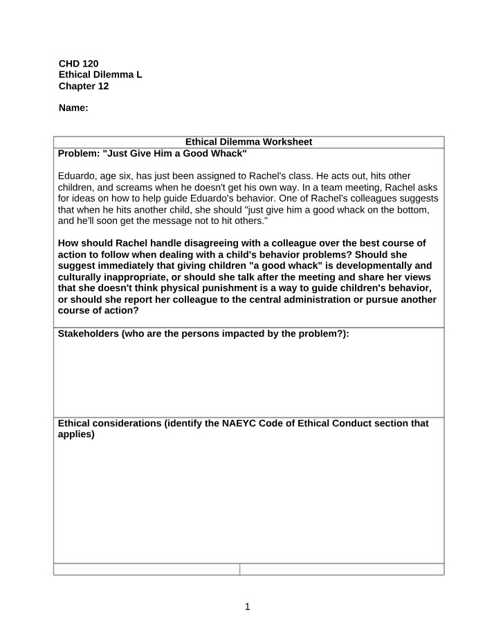 Worksheet on Ethical Dilemmas