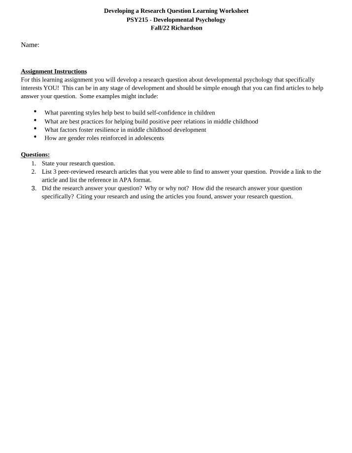 Worksheet - Developing a Research Question