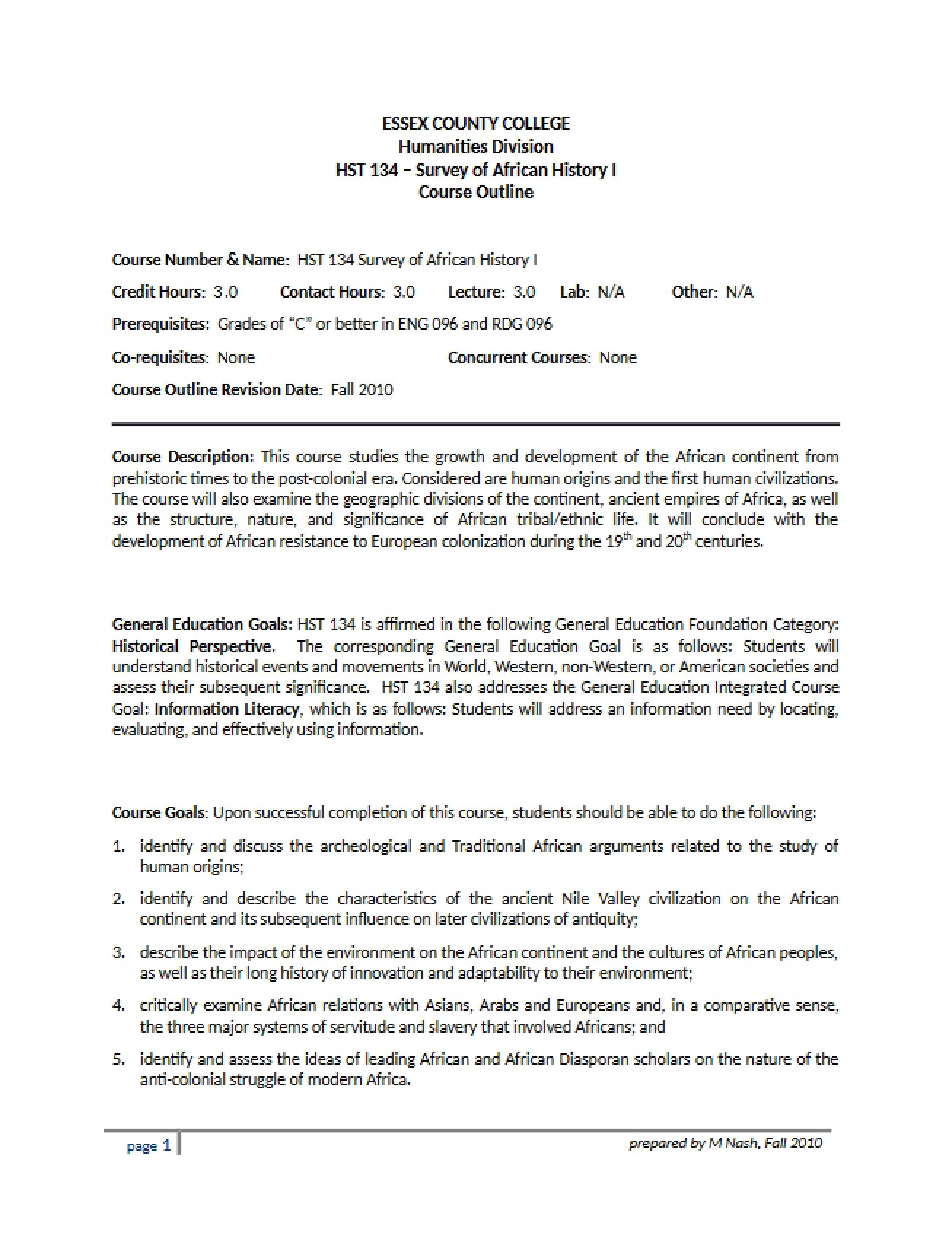 Survey of African History One Syllabus
