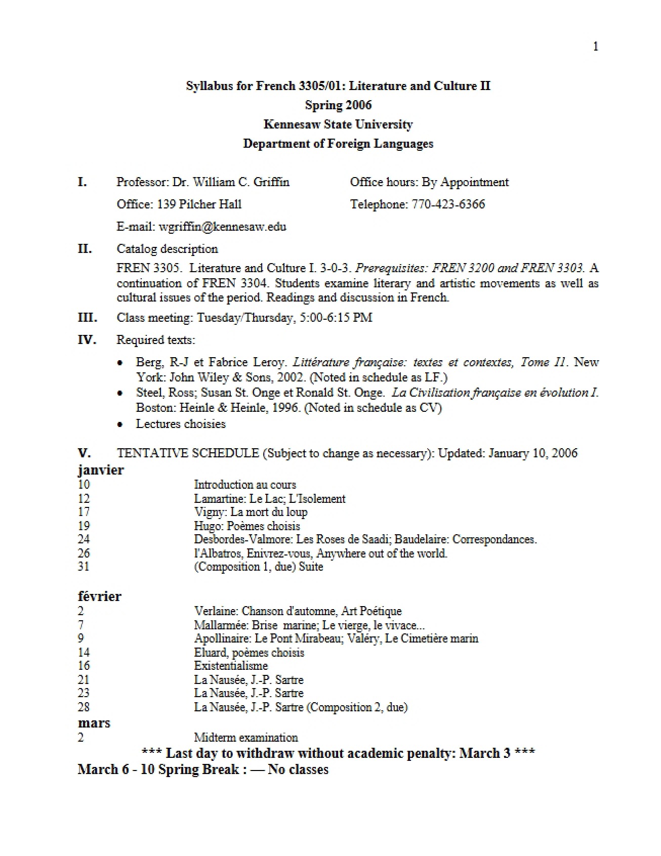 Course Outline for French Literature and Culture Two - Literature And Culture II