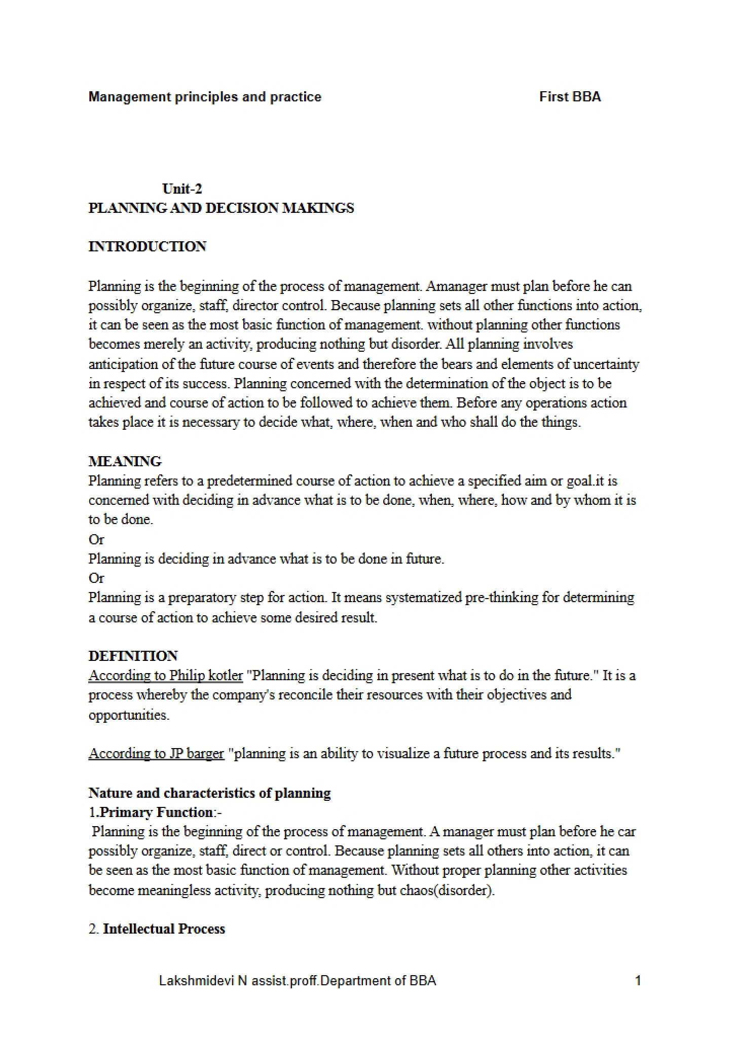 Decision Making and Planning (Unit 2)