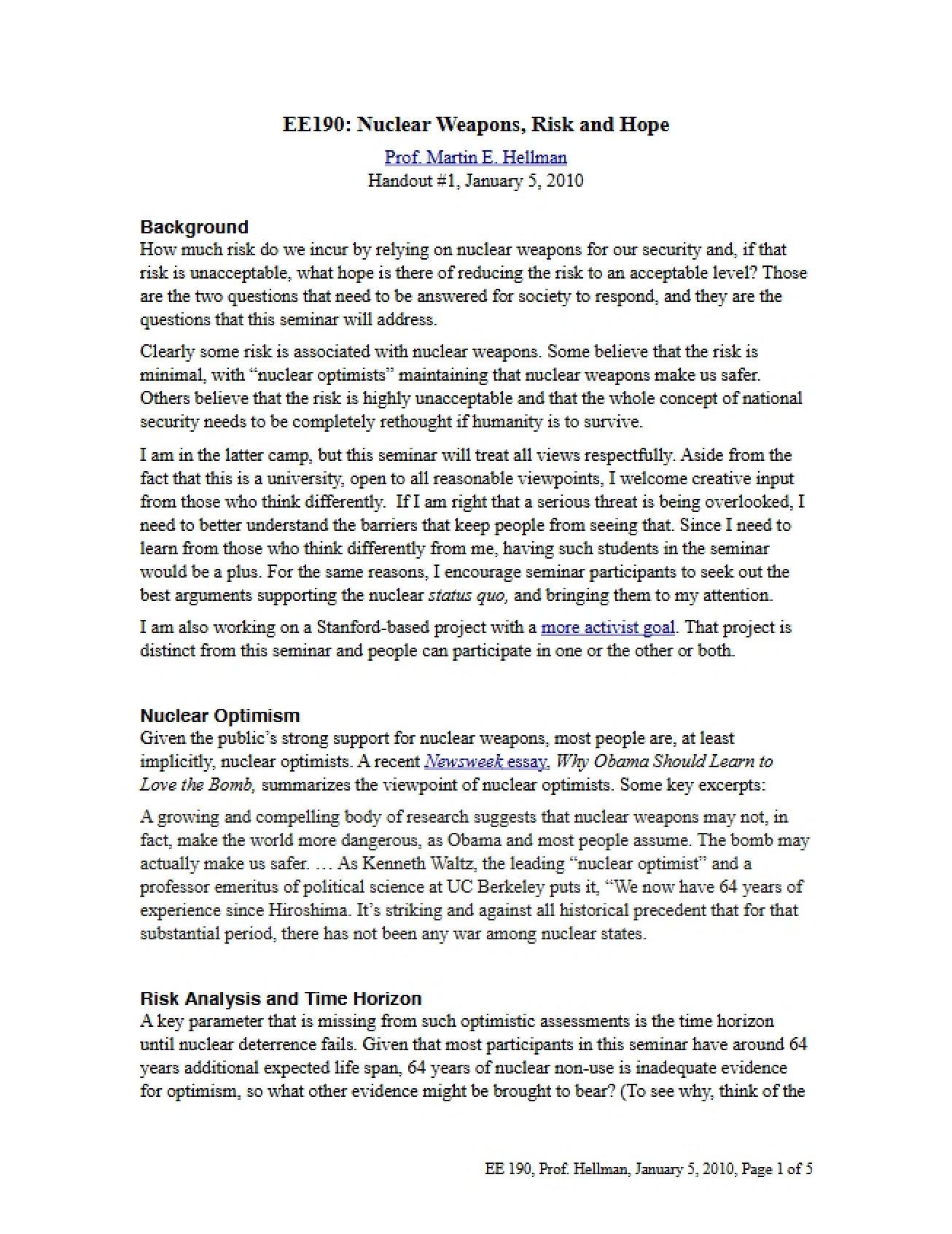 First Handout on the Topic of Nuclear Weapons, Risk, and Hope