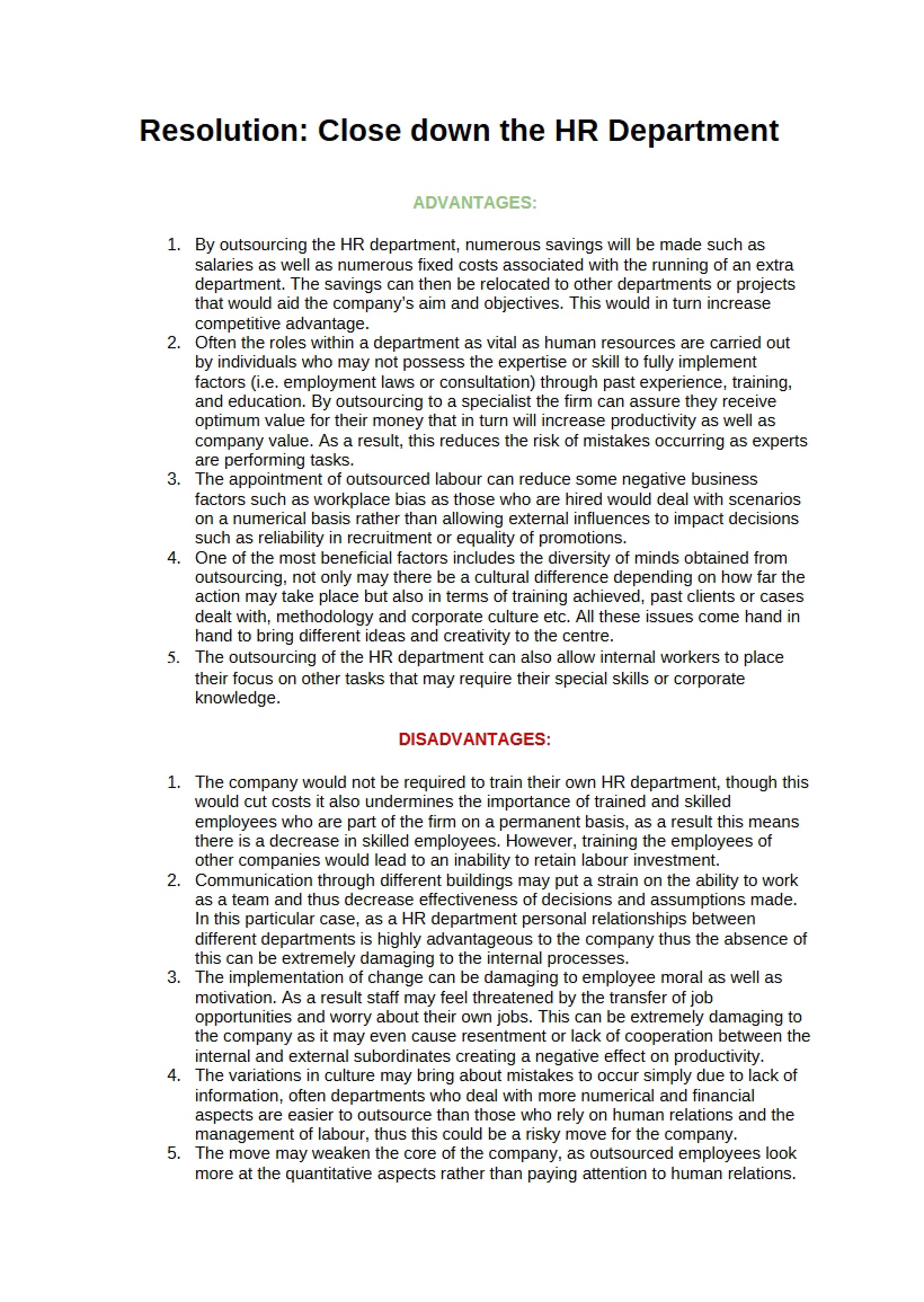 Resolution Closing the HR Dept