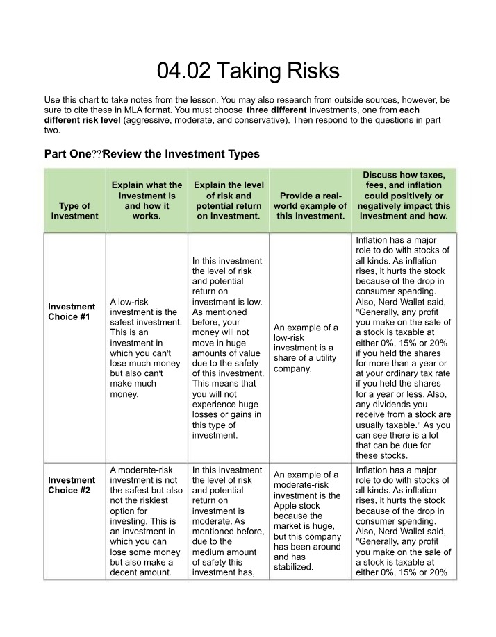 Worksheet on Taking Risks