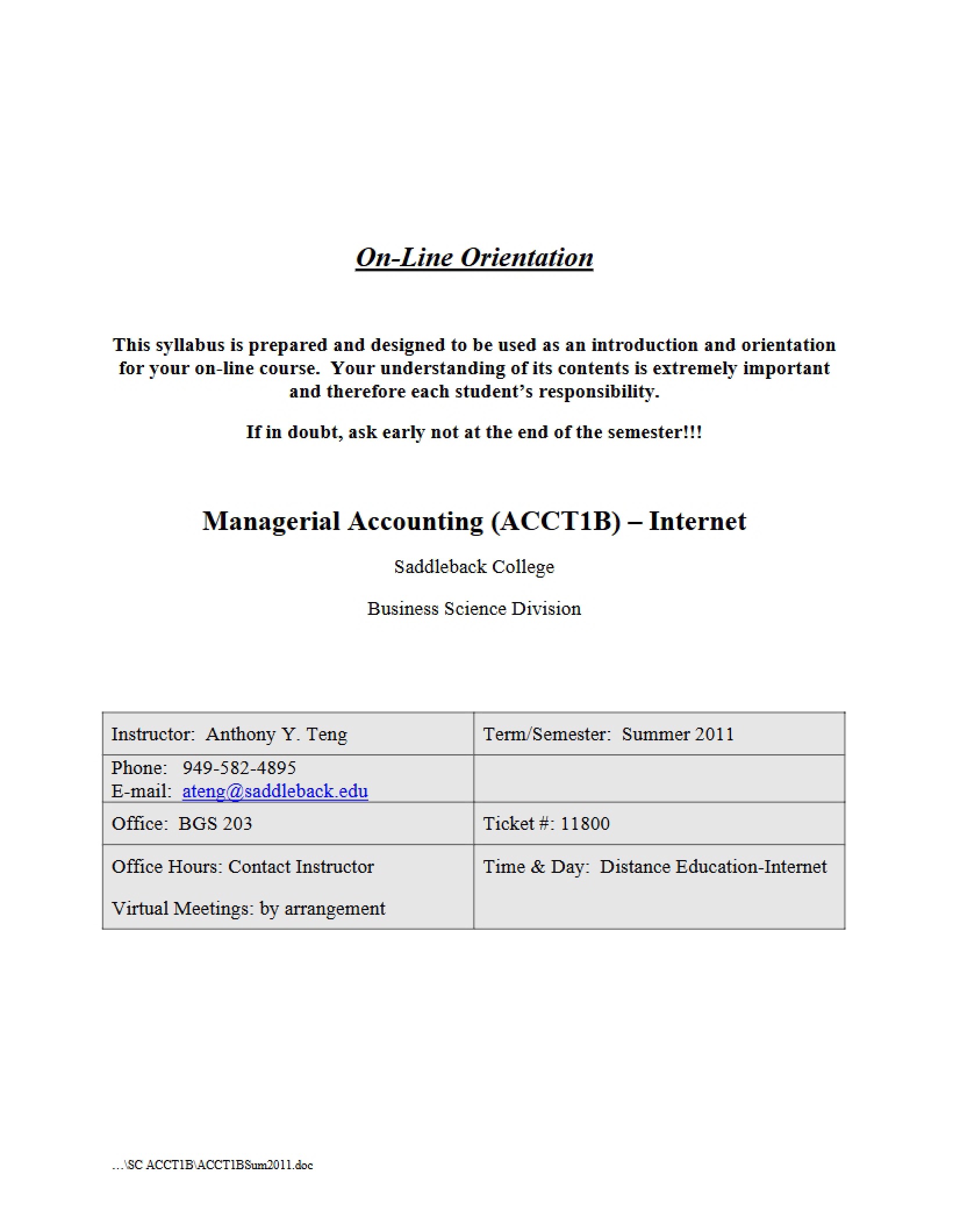 Managerial Accounting Course Syllabus