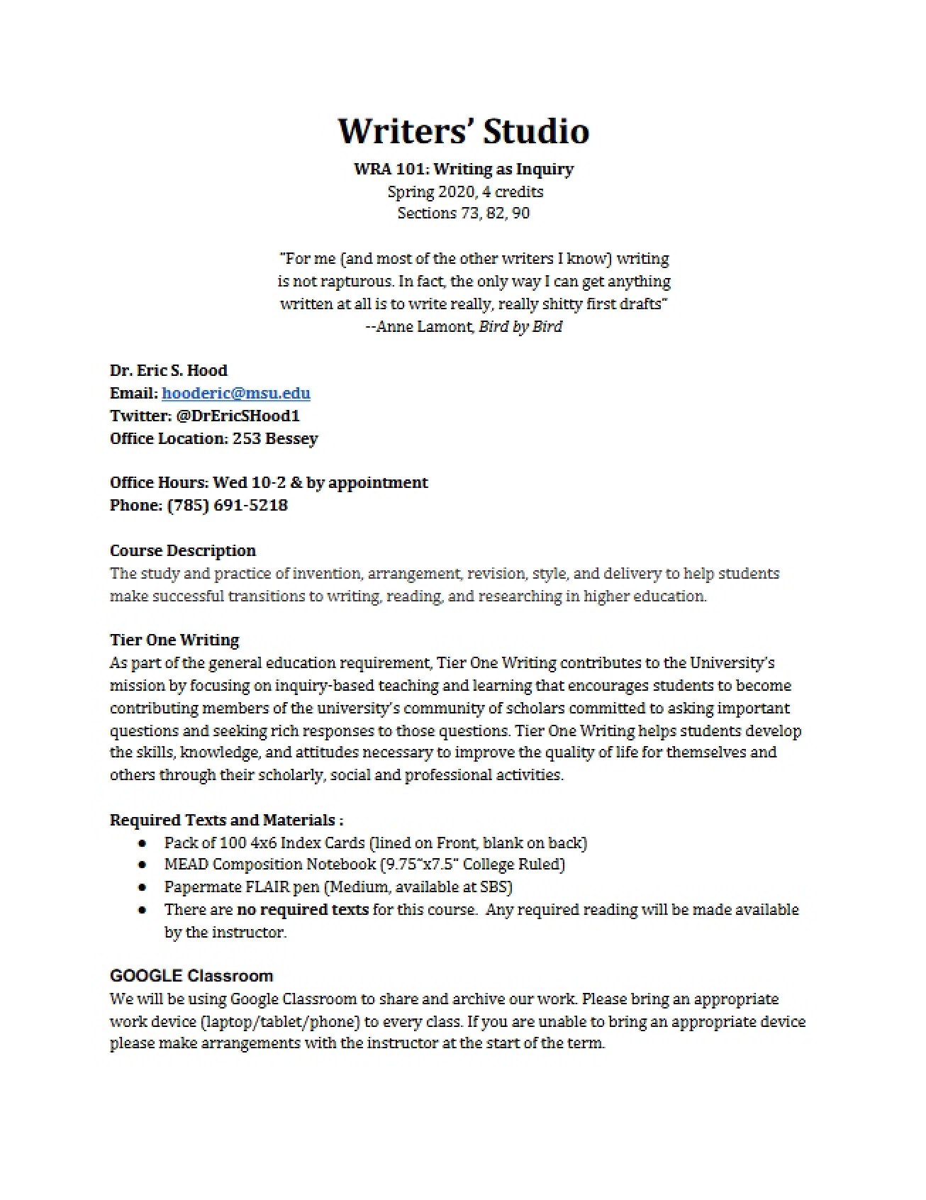 WRA 101 Syllabus - 6 Pages