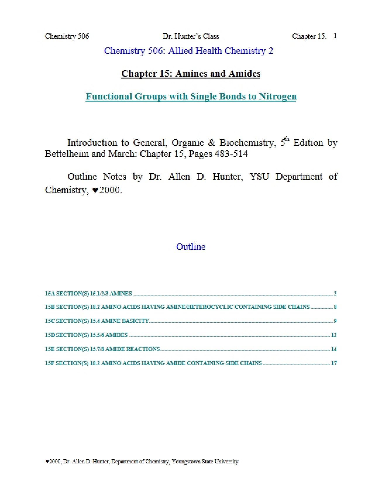 Functional Groups with Single Nitrogen Bonds Amines and Amides (Chapter 15)