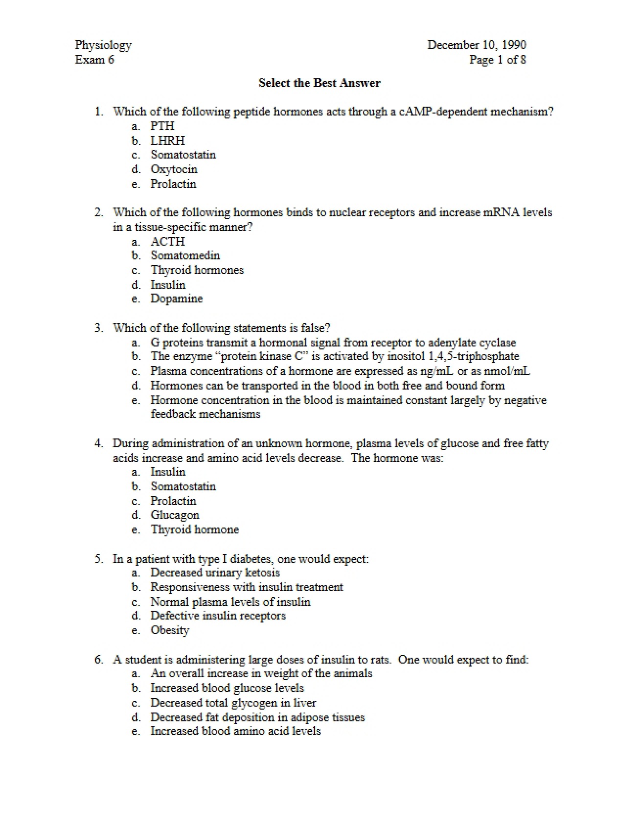 Examination Six in Physiology (1990)