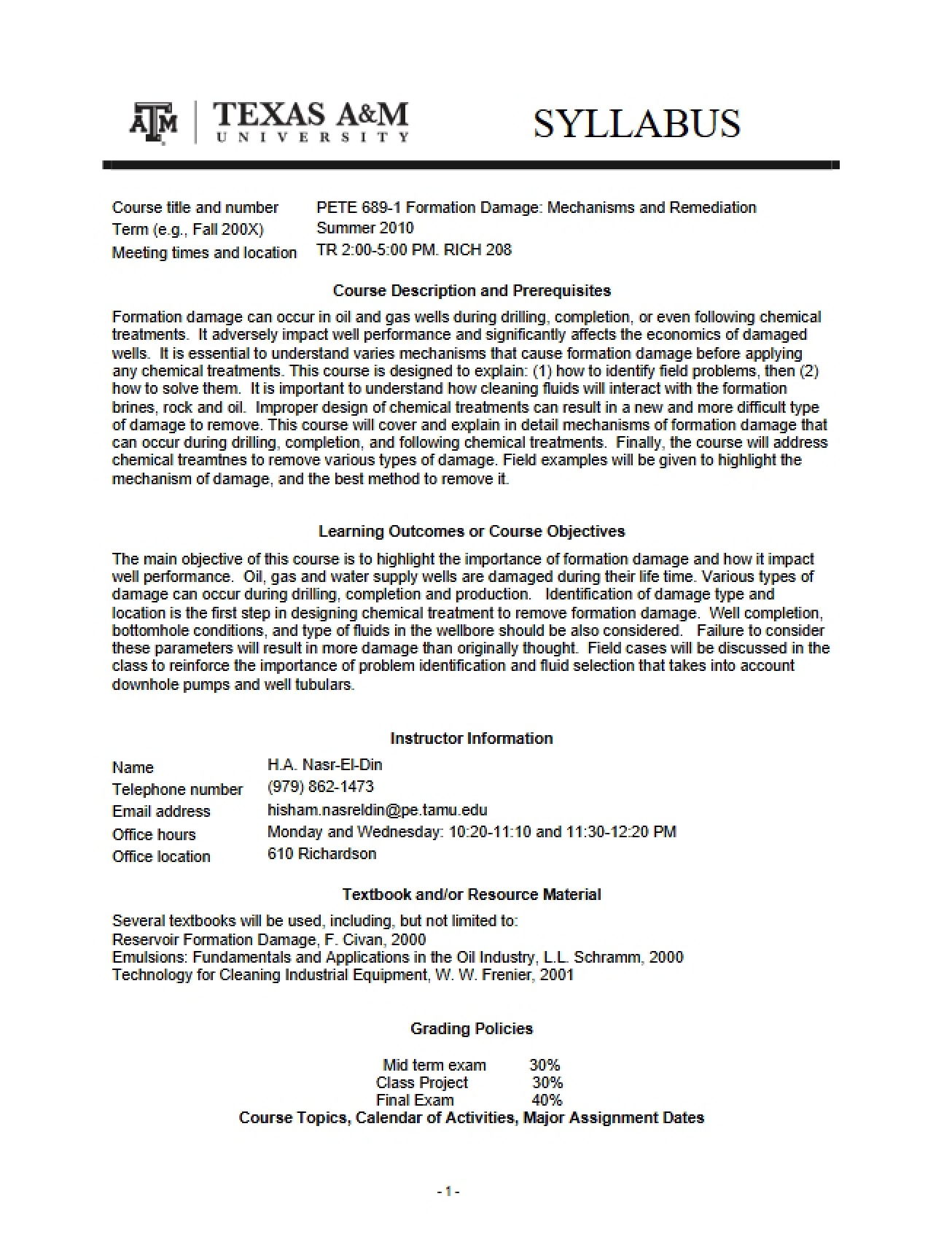 Syllabus for PETE 642 (2010, Version B)