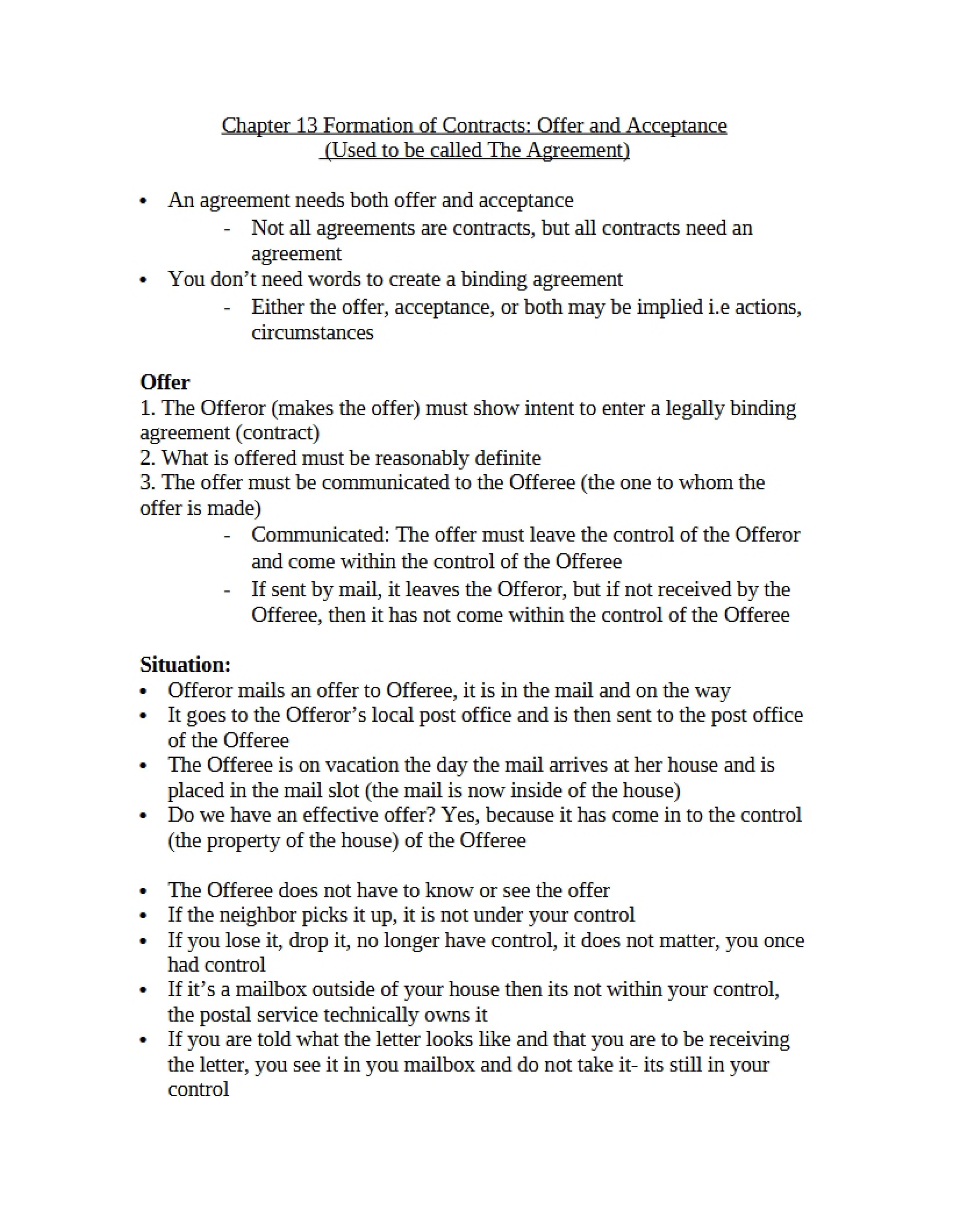 Offer and Acceptance Contract Formation (Chapter 13)