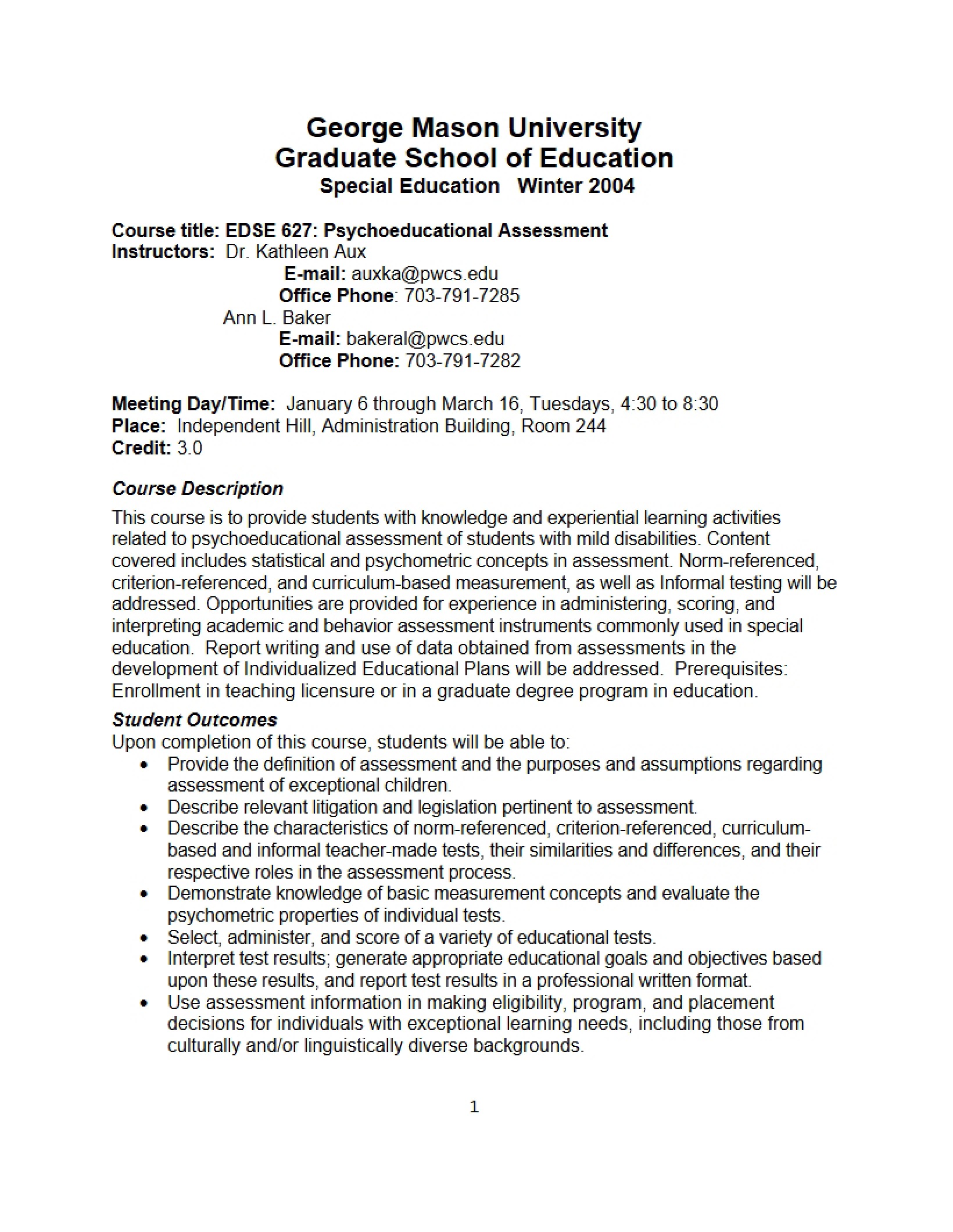 Assessment in Special Education Syllabus