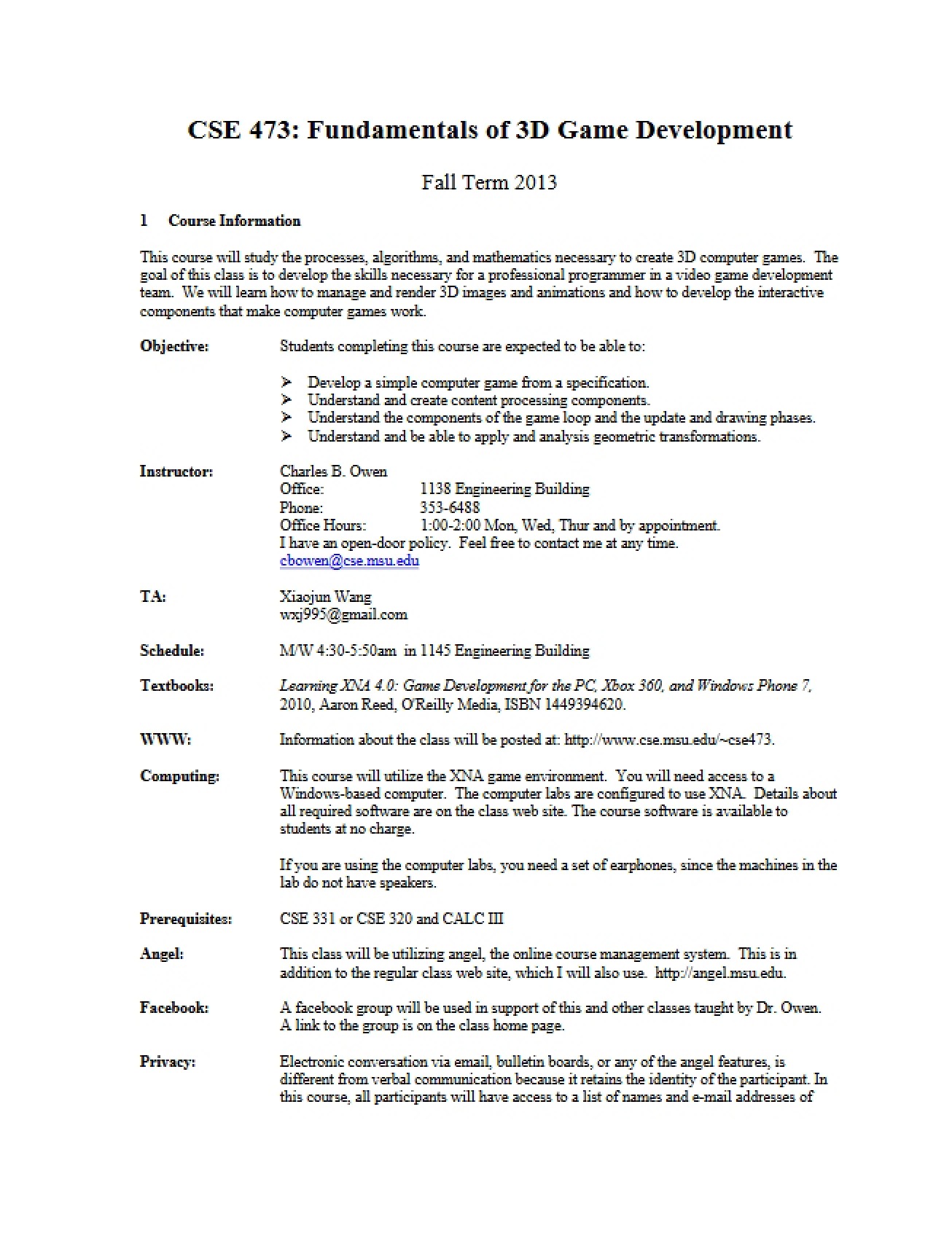 3D Game Development Syllabus