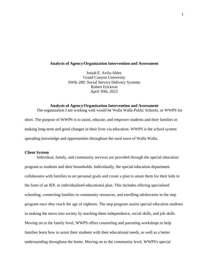 Analysis of Intervention and Assessment in Agency Organization