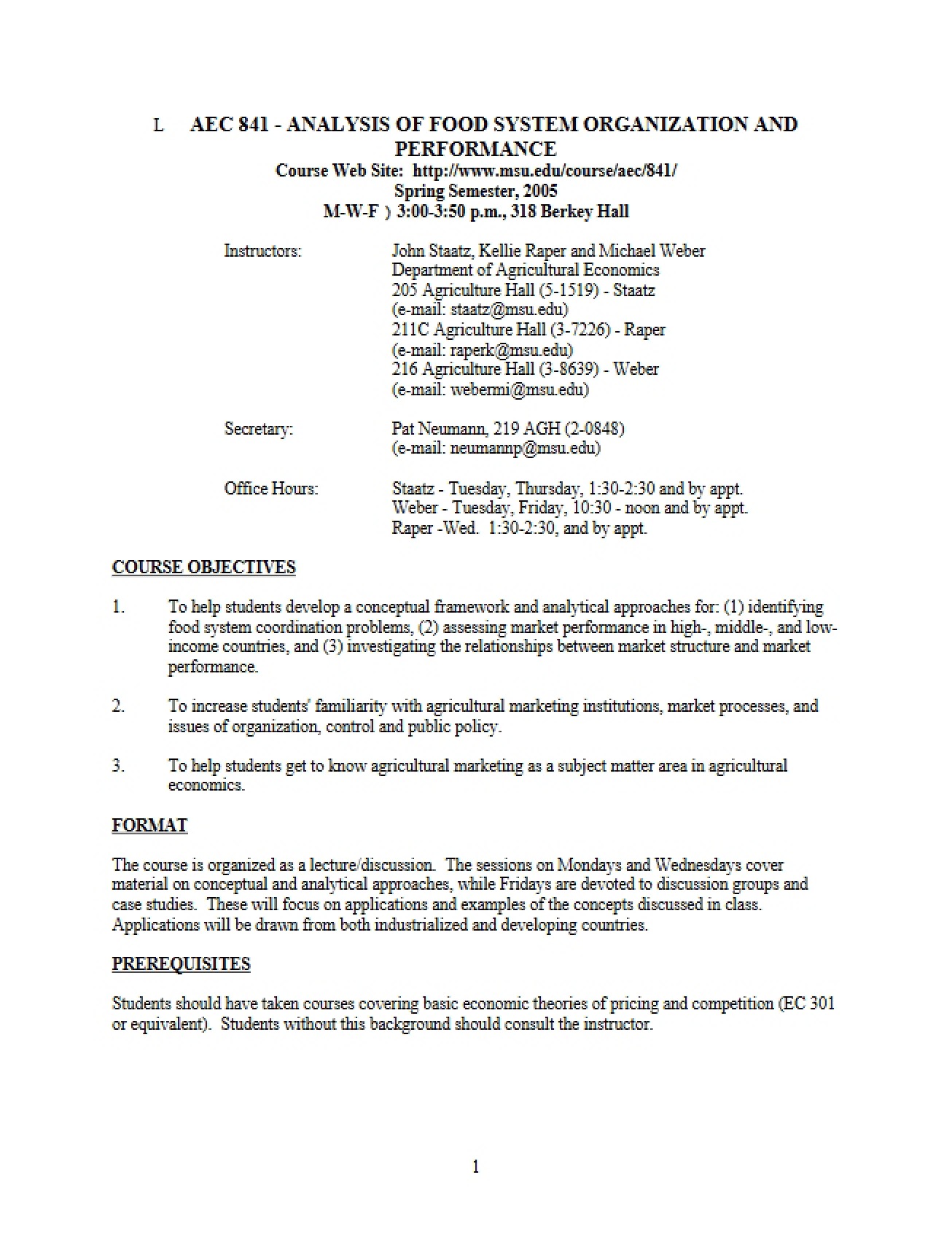 Food Systems Organization Syllabus - Analysis of Food Sys Org