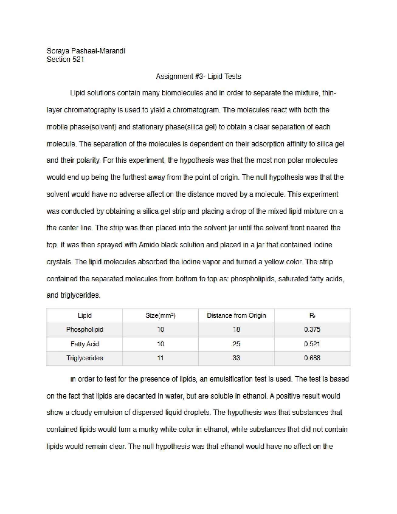 Laboratory on Lipids for Introductory Biology I