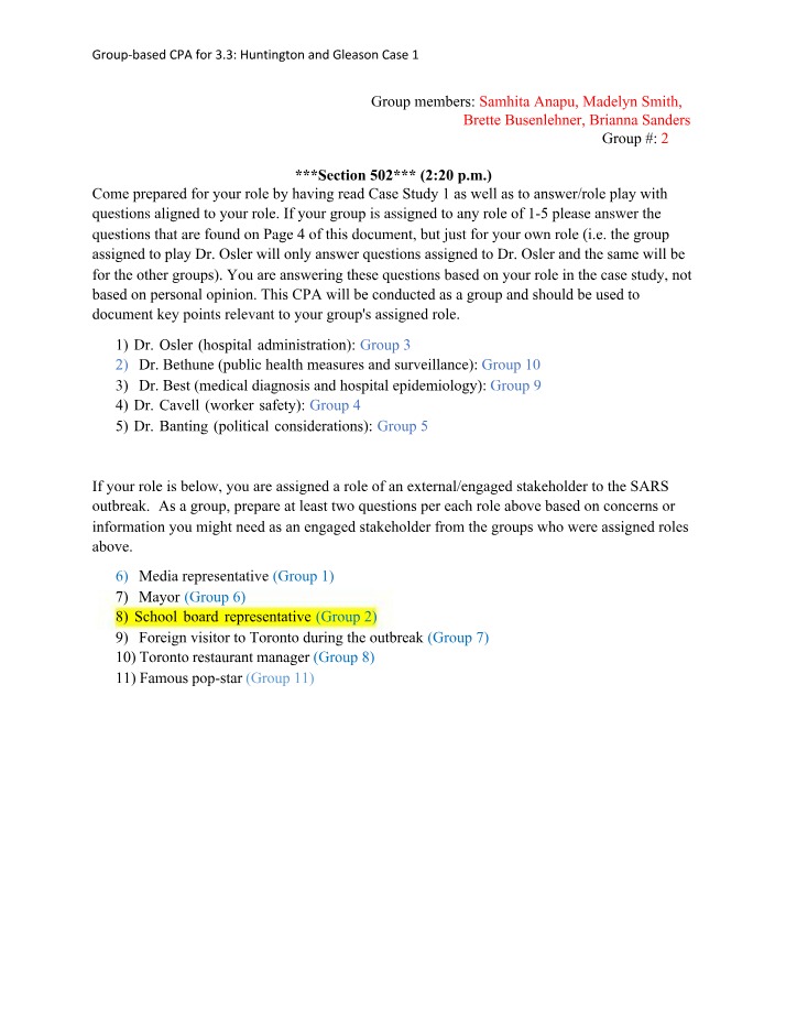 Huntington and Gleason Case 1 - Group-based CPA