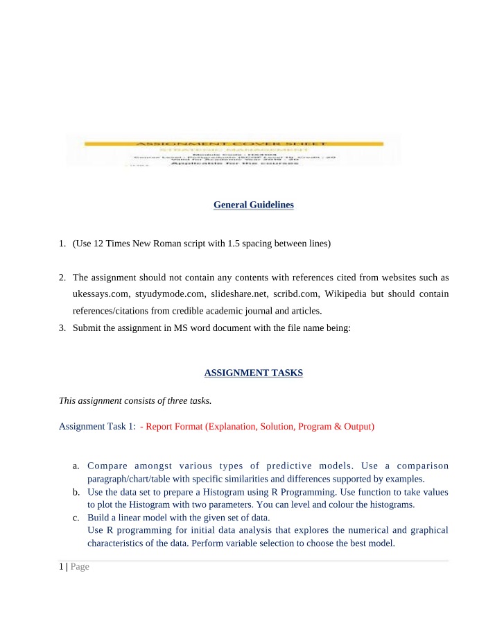 Assignment Brief for Statistical Data Modelling