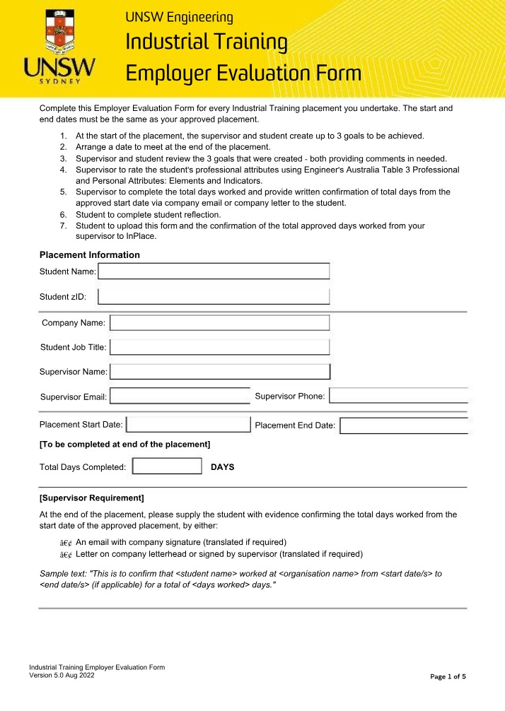 Employer Evaluation Form - Industrial Training