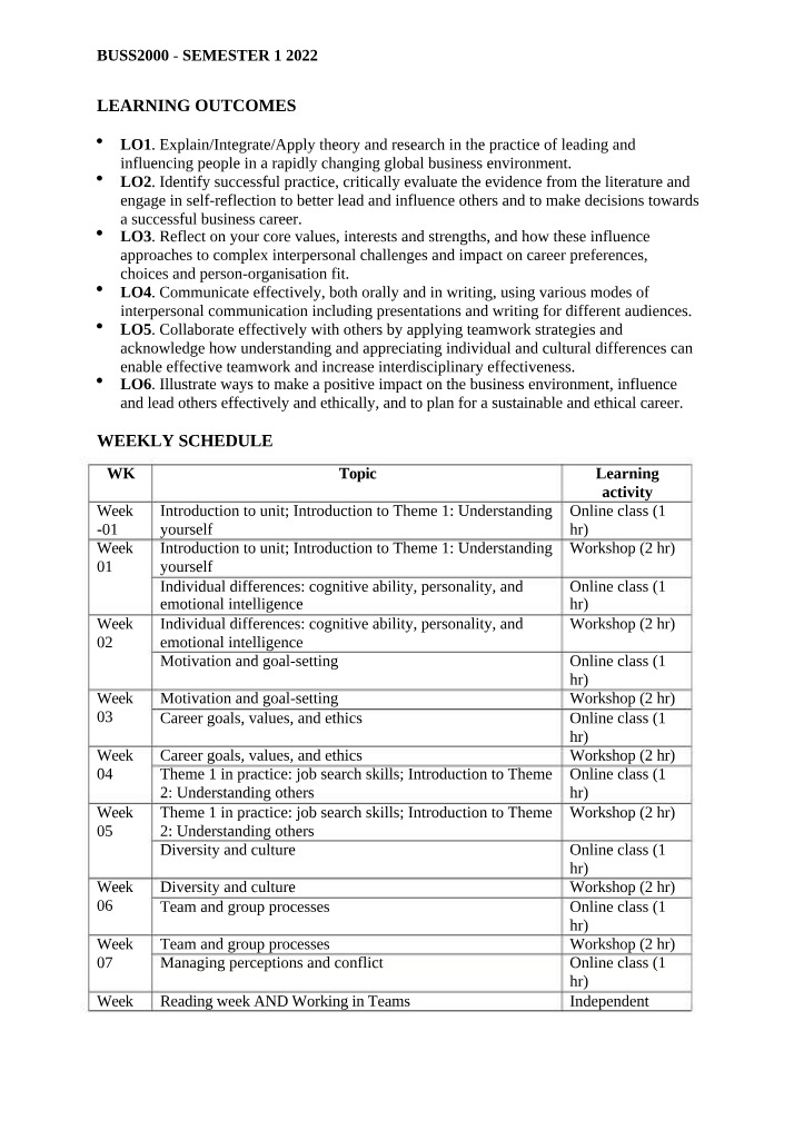 Schedule for BUSS2000 (Semester 1, 2022)