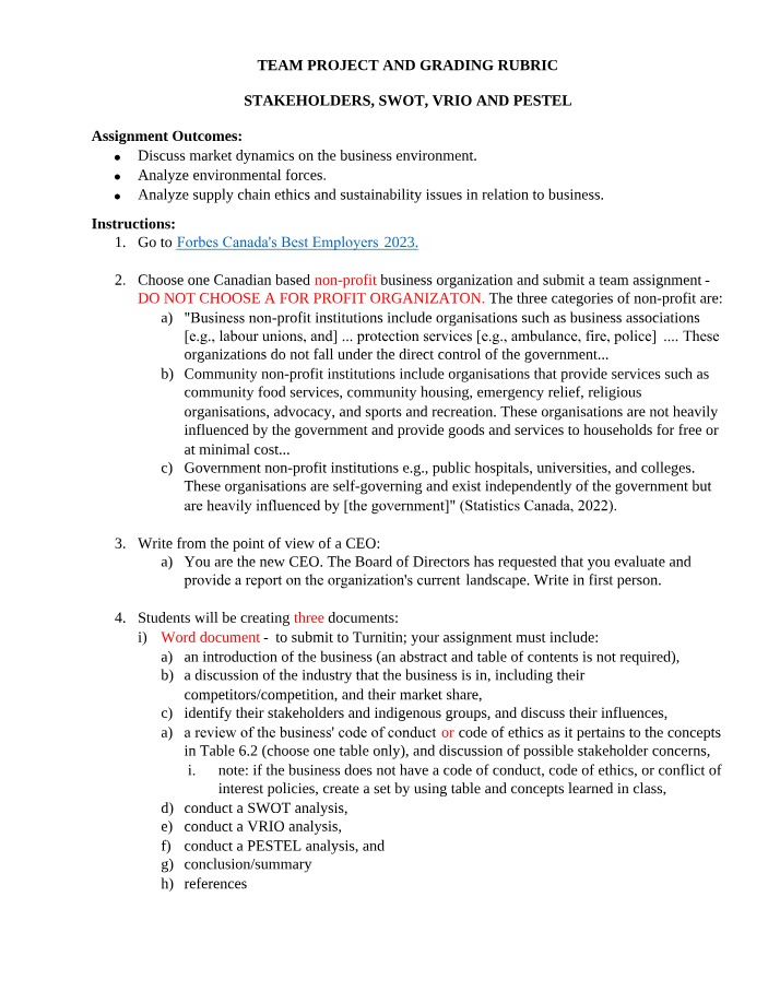 BUSI 601 Team Project and Rubric
